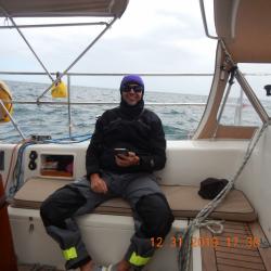 Steve relaxing a bit after steering for an hour in heavy conditions