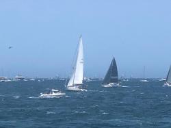 Headed for the start line: and we are the only (just about) boat without black sails