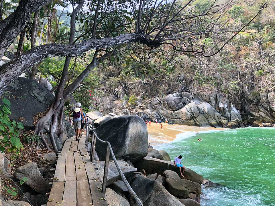 The trail winds down to the beach and waterfalls (during high rain season) along Playa Colomitos. This smallest beach in Banderas Bay is a favorite spot for young Mexicans to come and play, and is only accessible by boat or hiking trail. The emerald green water is always inviting, but this time of year is still a bit on the COOOL side for swimming. 
