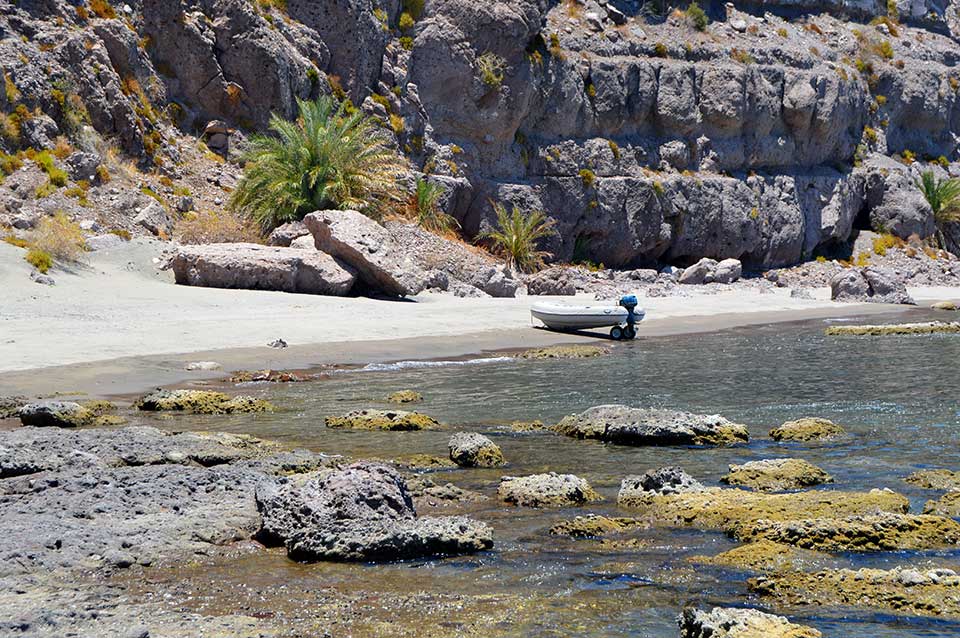 "Aventuras" our awesome dinghy on the beach at a cove around the bend from Agua Verde.