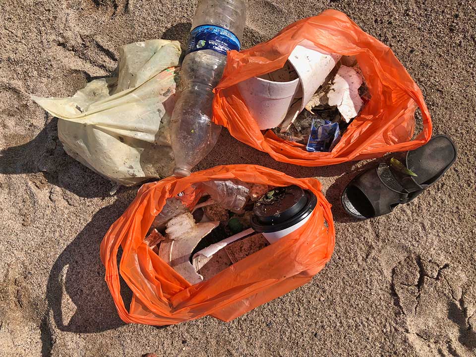 The flotsam included a full bag of trash (cream-colored bag), a shoe, and several plastic water bottles, styrofoam cups, and an OXXO cigarette lighter.  NO bueno.  