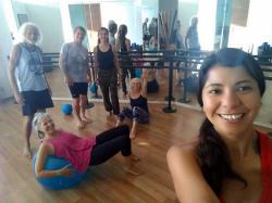 Besides yoga, we also do regular Pilates Reformer classes with our friends Lisa and Don from s/v Windcharmer. Here we are warming up with our teachers. Heidi, Kirk, Don, Tere, Lisa, and Karla.