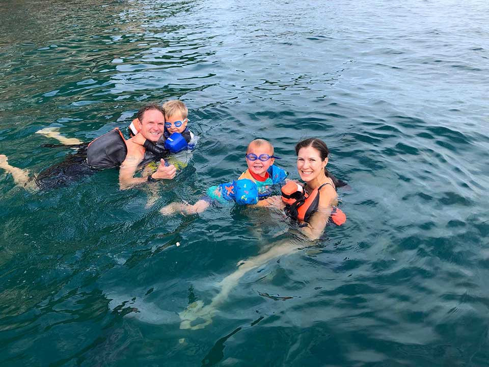 Mike, Mav, Kyen, and Sara, the boys took like fish to water on their first snorkel adventure at Los Arcos. 