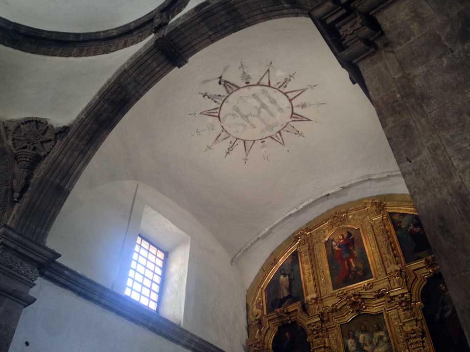 Ornate ceiling inside of the Mission of San Javier.