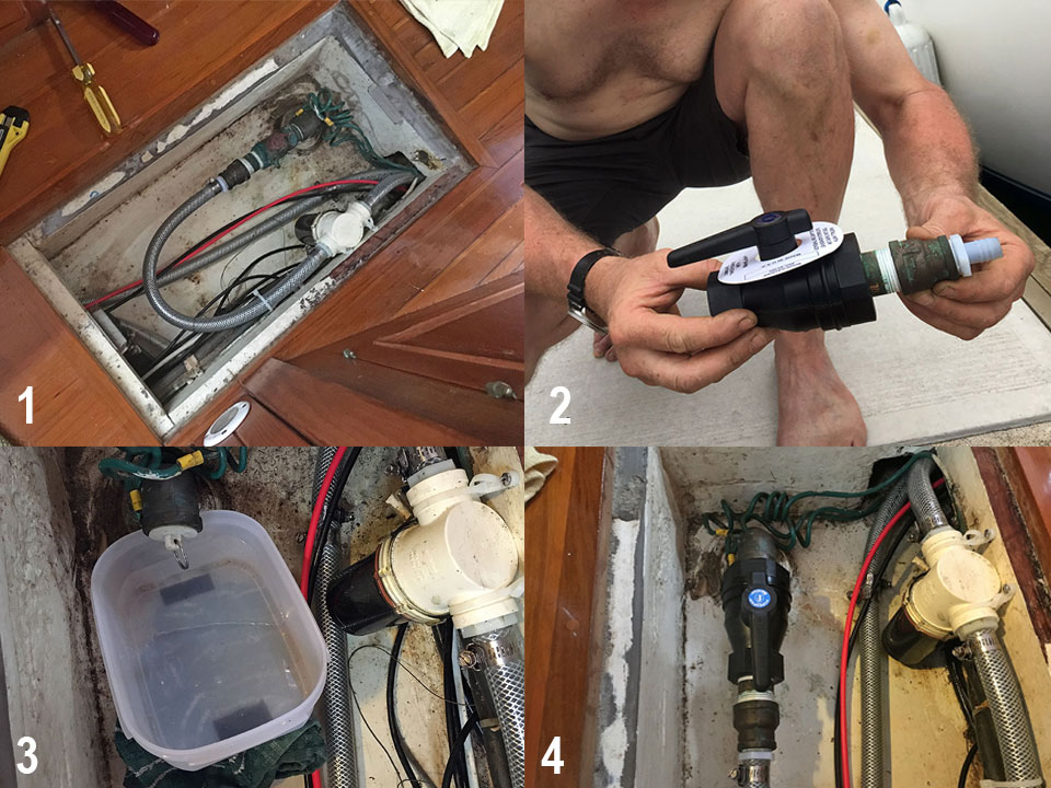 1) Old bronze valve with missing handle. 2) New plastic valve getting ready to be installed. 3) Sink-drain plug in the valve hole (tupperware tub to catch leaks) under floorboards while Diver Poncho tapped in a wooden plug from the bottom of the boat. 4) New valve in place and working great! 