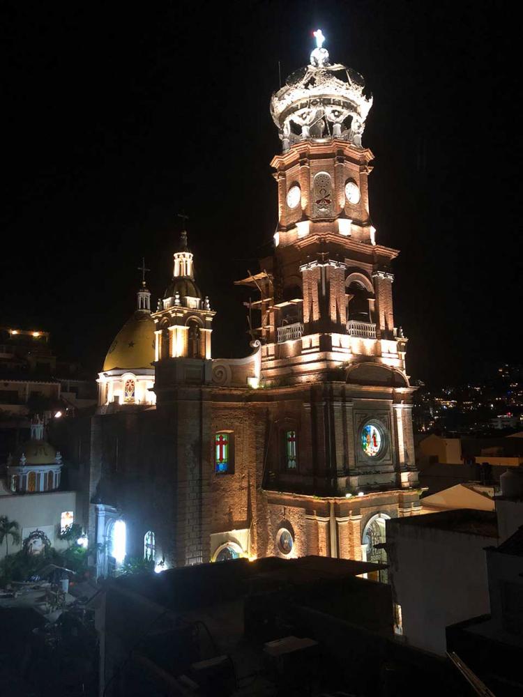 Guadalupe Cathedral in Puerto Vallarta is stunningly beautiful at night with her crown lit up. 