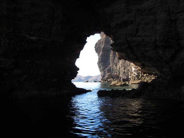 Inside the Sea Caves on Isla Espirto Santo, looking out a "window" in the cave. We dinghied into the cave which was about 80