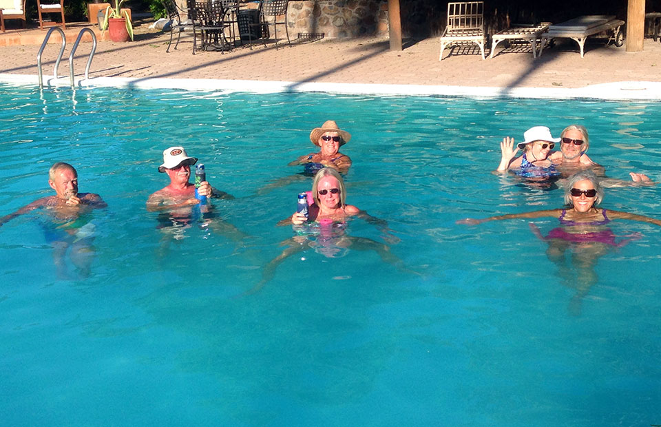 Happy 69th Birthday to Captain Kirk! We had a FUN pool party to celebrate with fellow cruisers (left to right): George, Larry, Judy (front), Ruth (back), Boni, John, Heidi. The Birthday boy took the photo! 