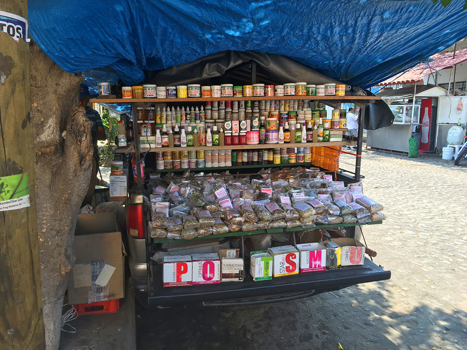 Super-Supplements meets the Vitamin-Shop Mexican Style—in the back of this truck under a blue tarp and a tree—you can find every type of vitamin, mineral, herb, and supplement imaginable, with  zero FDA oversight.
