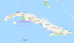 Our travel destinations marked in pink: Havana, Cienfuegos, Canarreos Archipelago, Trinidad, and Viñales. We visited the Northwest 1/3 of Cuba. 