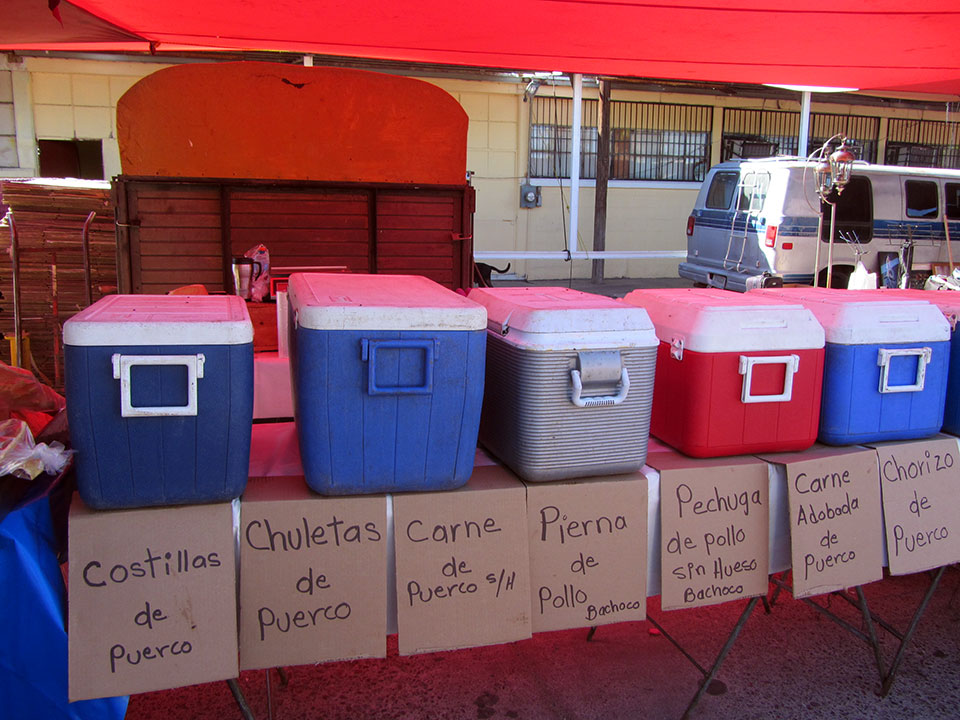 Mexicans are huge carnivores and you can find every type of meat (or animal part!) at the market. Here were coolers full of pork and chicken pieces. We didn