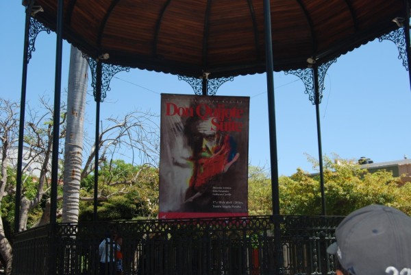 Gazebo in the middle of the square with poster of the ballet