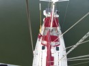 Bill went up the mast to check out the view.  This is a cool shot of our boat from above.