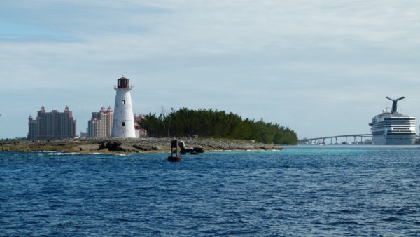 We got into Nassau around noon. We entered the same way the cruise ships enter the harbor with the lighthouse and the Atlantis hotel on the left.