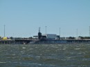 Here is a submarine. We read that when they are moving submarines in or out they close the ICW until they are finished.  It was so windy that day I