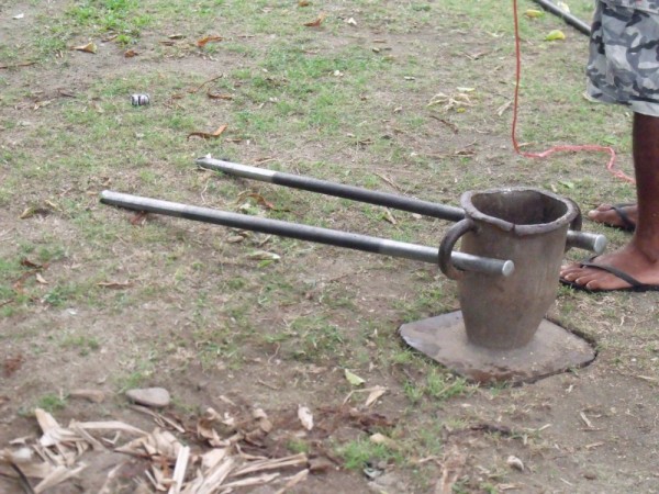 Kava urn and staffs for pounding the kava root