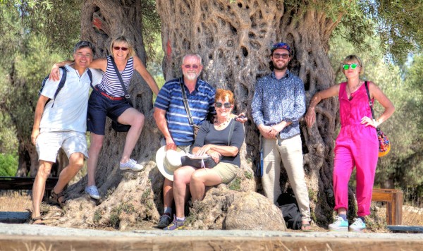 Skipper and his crew at Teos with ancient olive tree