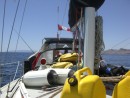 under way.... spare diesel jugs on the foredeck...