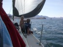 Finding some shade under the spinnaker en route to Agua Verde.