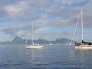 our anchorage west of Papeete with Moorea island in the back
