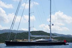Italy /Sardinia : Super sailing yacht "Q" in Cannigione anchorage  -  07.20  -  Italy /Sardinia 