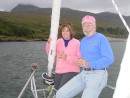 Karyn and Steve waiting out a blow at anchor of the Isle of Rhum, Scotland.  September 2004