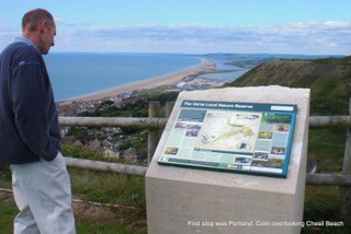 After drying out in portland marina we walked to the top of Portland, Colin is looking out over Chesil Beach and Lyme Bay