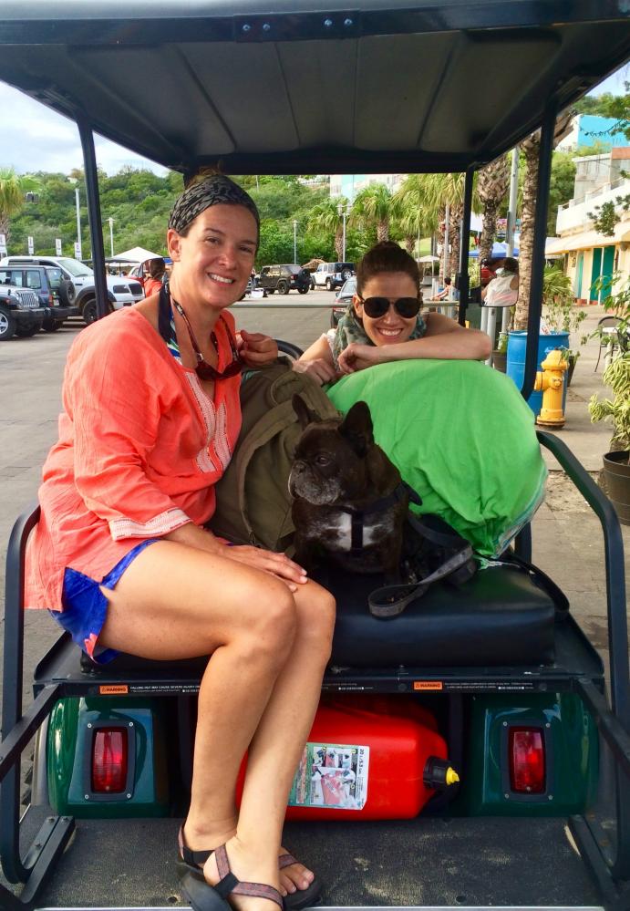 Tiff, Lizz and Jaques on a cart on Culebra