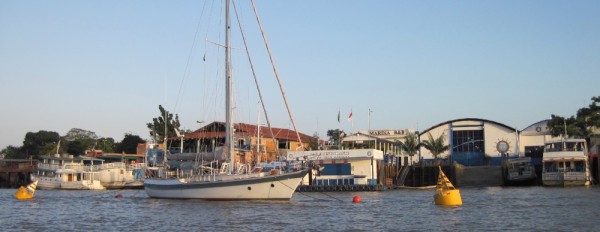 Tiger Lilly moored to buoys fore and aft in front of the B and B Marina on the Rio Guama in Belem.  The marina staff were such nice folks, and they always made sure we were safe.  The Marina B and B is a wonderful way to safely visit Belem.  
