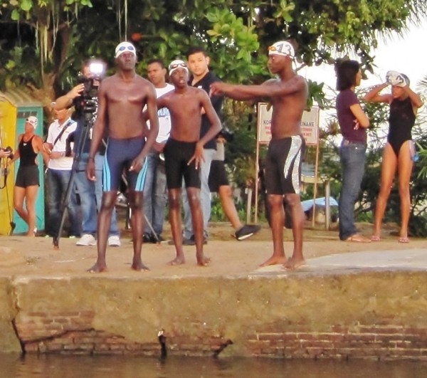 These local swimmers were loosening up and getting ready for the long swim to Paramaribo.