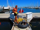 Ted with our "hookah" diving system - used when we clean the bottom of the boat.
