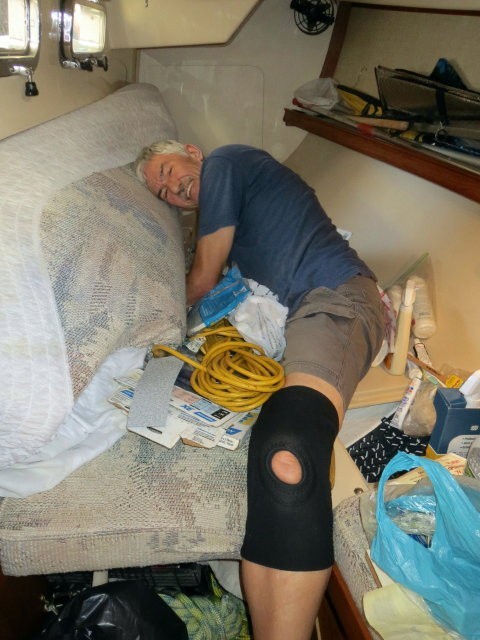 July 2014 and poor Peter is still wrestling with the mattress in the quarterberth - seems like a never-ending job!