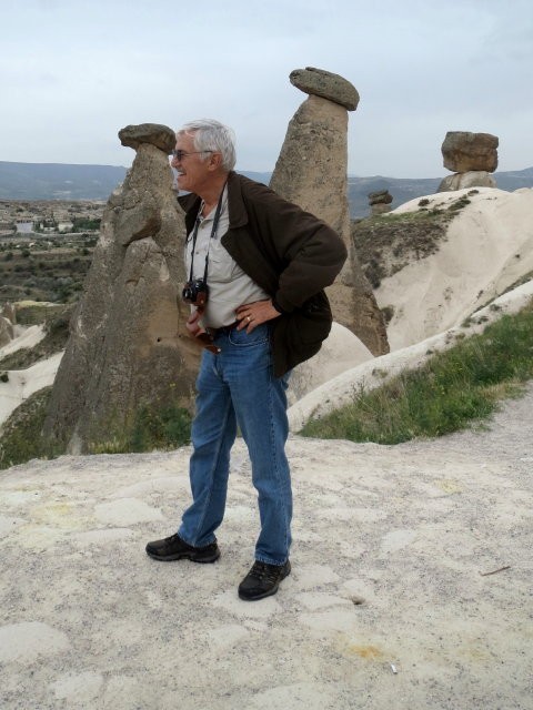 8 May: here Pete stands before the  most famous of all the Cappadocia rock formations - referred to as the Fairy Chimneys!