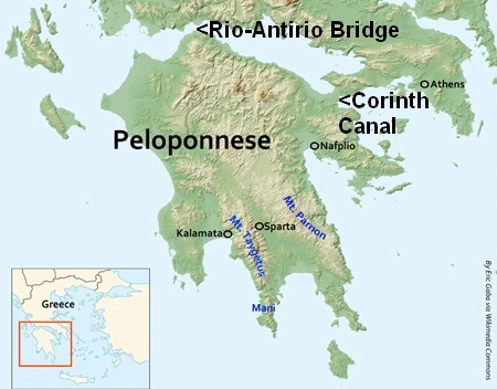 Borrowed from Wikipedia images, this graphic focuses on the Peloponnese and shows the position of the BIG bridge relative to the Corinth Canal and the country