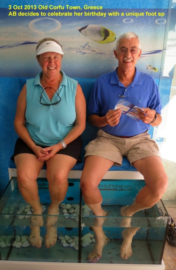 3 Oct 13 AB & PJ enjoy a 15 minute Fish Spa - the fish nibbling old dead skin tickled but they left very smooth skin behind!