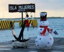 2018 Christmas on Isla Mujeres, MX: A snowman greets us at the ferry - ready for the Holidays!
