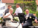 We had all collected at the church in Reichling around 1030 for a pre-ceremony glass of champagne (sekt) while the bride & groom mingled in the crowd. Here they are seen in the horse drawn carriage after the ceremony.