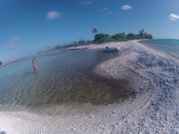 South end of Fakarava.  Monica walking in the "lagoon within the lagoon".