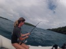 Monica catching a barracuda.