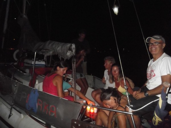 A group of 10 people onboard a 27ft sailboat. We were a worldly group, representing America, Spain, France, Panama and Sweden.