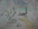 view form thatched hut Suwarrow - pen and pastel