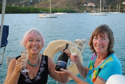 Linda and Lee with lovely Tasmanian champagne flown in the baggage. Lati is behind us