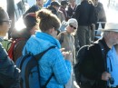 Waiting to board a boat tour on Lake Titicaca. All bundled up - it was cold!