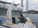 Making a repair on the sail cradle.