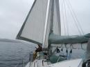 holding the staysail out with a pole in a very light wind!