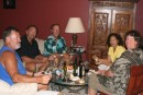 Entertaining in our hotel room!  We were having a wine tasting to see which wine we wanted to buy in bulk from the Cost-u-less in Suva! L to R Glen, Frank, Dave, Barbara, and Jan.