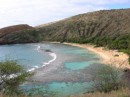 Hanauma Bay Nature Preserve - looking down from the top, it is easy to see the reef area.  Can you spot "Keyhole Lagoon"?
