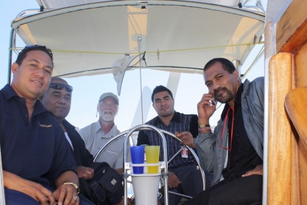 Tongan officials on board for clearance into Tonga.  Customs (Valu), Quarantine, Brad, Immigration, Agriculture.