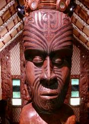 One of the richly carved figures inside the Waitangi Meeting House 