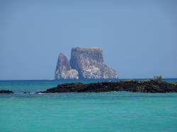Kicker Rock from he beach: It was an hours boat ride to the beach where we swam while waiting for our time slot to go to Kicker Rock. This is where you hope to see the Hammer head shark and Manta Rays